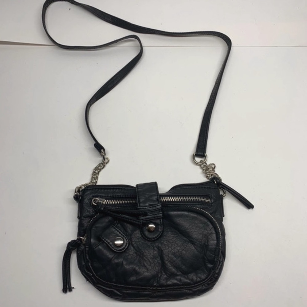 Candie’s Faux Leather Crossbody Bag, Small, Black, with Chain Strap and Pockets